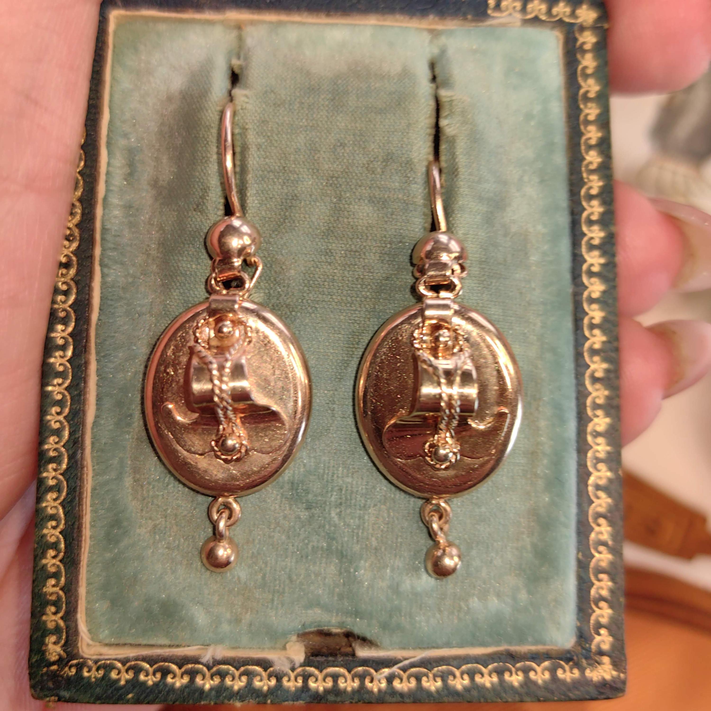 14K Solid Yellow Rose Gold Victorian Style Mid Century Handmade Oval Dangle Statement Elegant  Earrings Gift for Her Present
