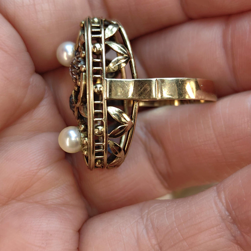 Antique 14k Solid Yellow Rose Gold Art Nouveau 1900s Elegant Ring Diamond, Pearl & Blue Zirconia Floral Handmade Statement Ring