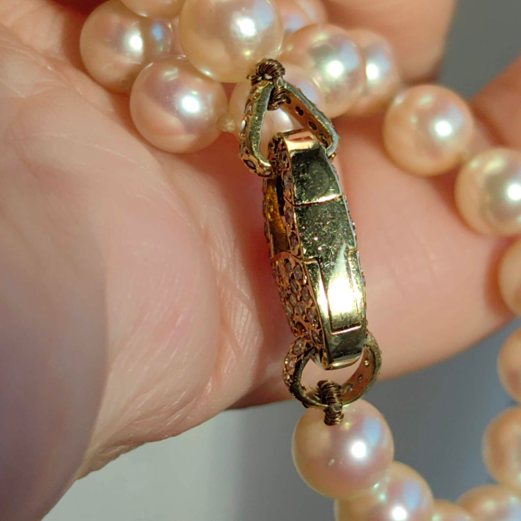 Vintage Pearl Beaded Necklace: 0.75 ct Diamond 18k Yellow Gold Lock