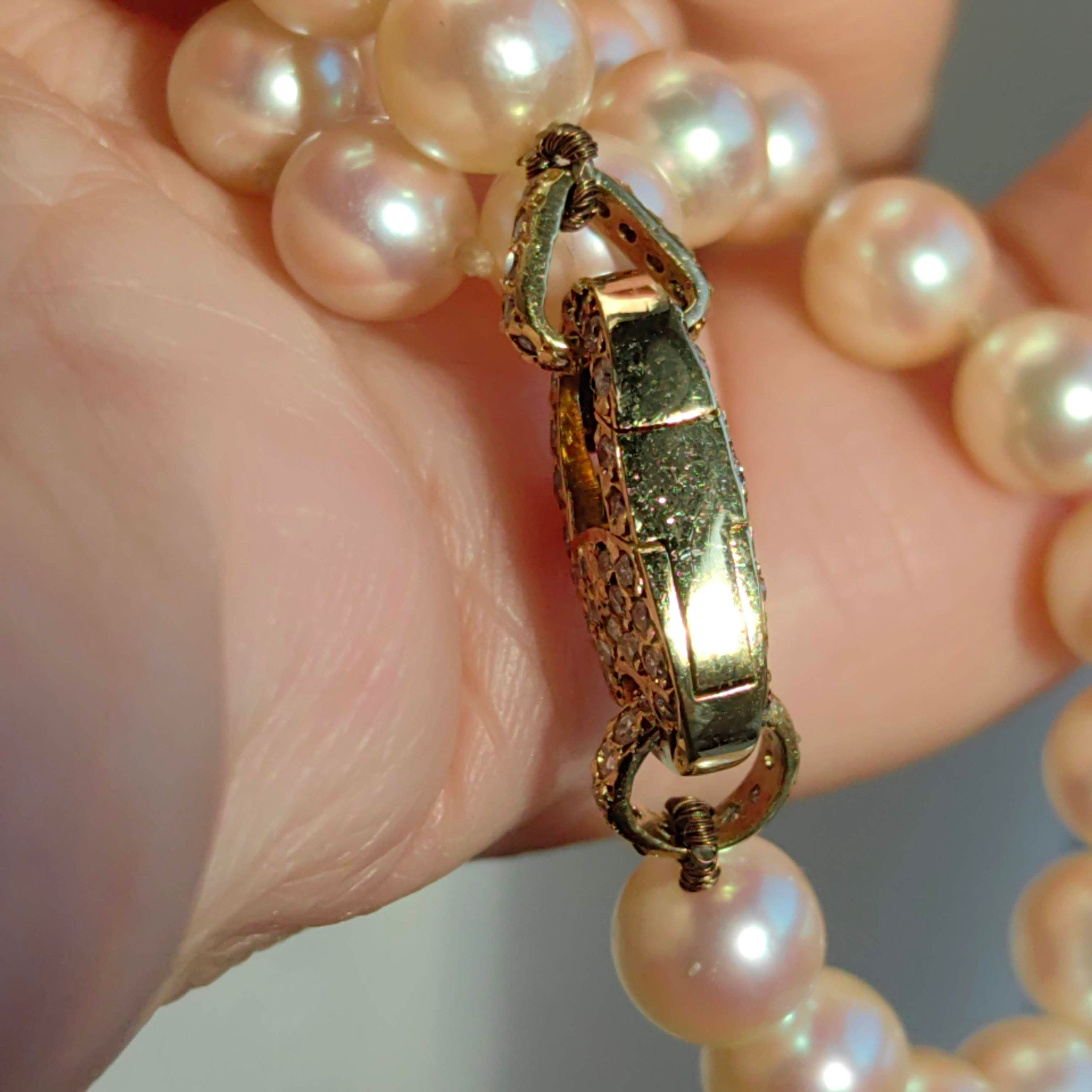 Vintage Pearl Beaded Necklace: 0.75 ct Diamond 18k Yellow Gold Lock