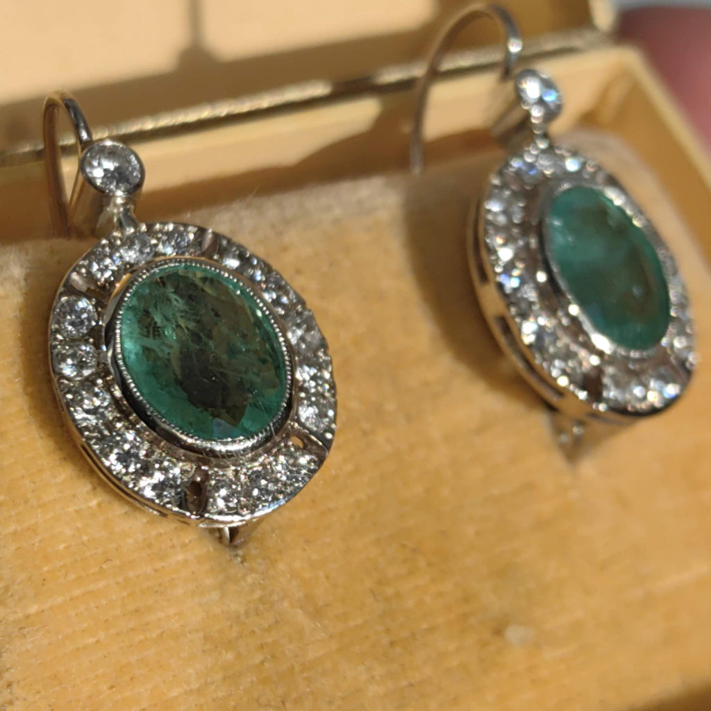 Mid Century 1950s Genuine High Quality Green Emeralds and Diamond Earrings  14k Solid White Gold Sleepers Dangle Earrings gift for her