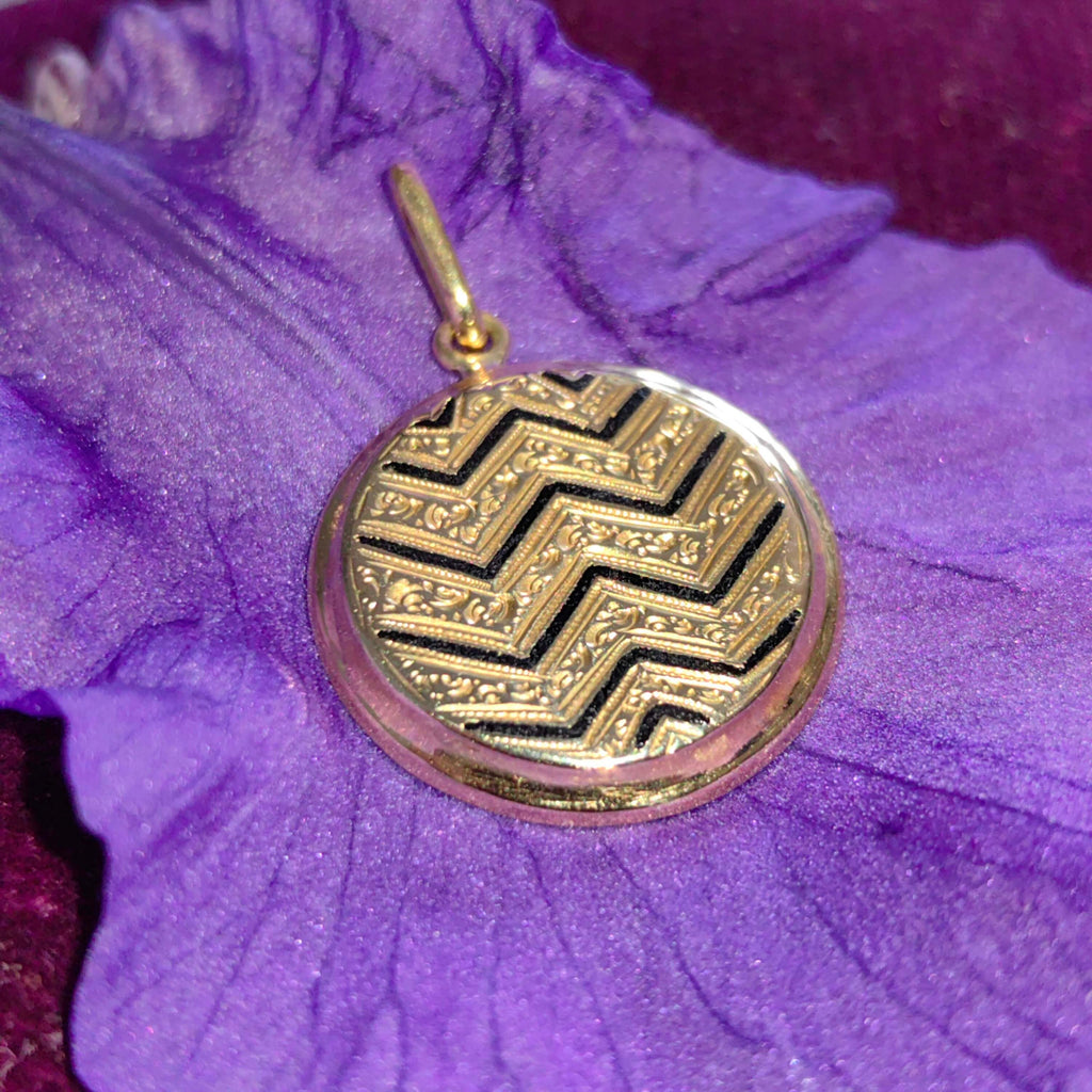 Antique Art Deco 14k Gold Pendant: Black Enamel Geometric Design