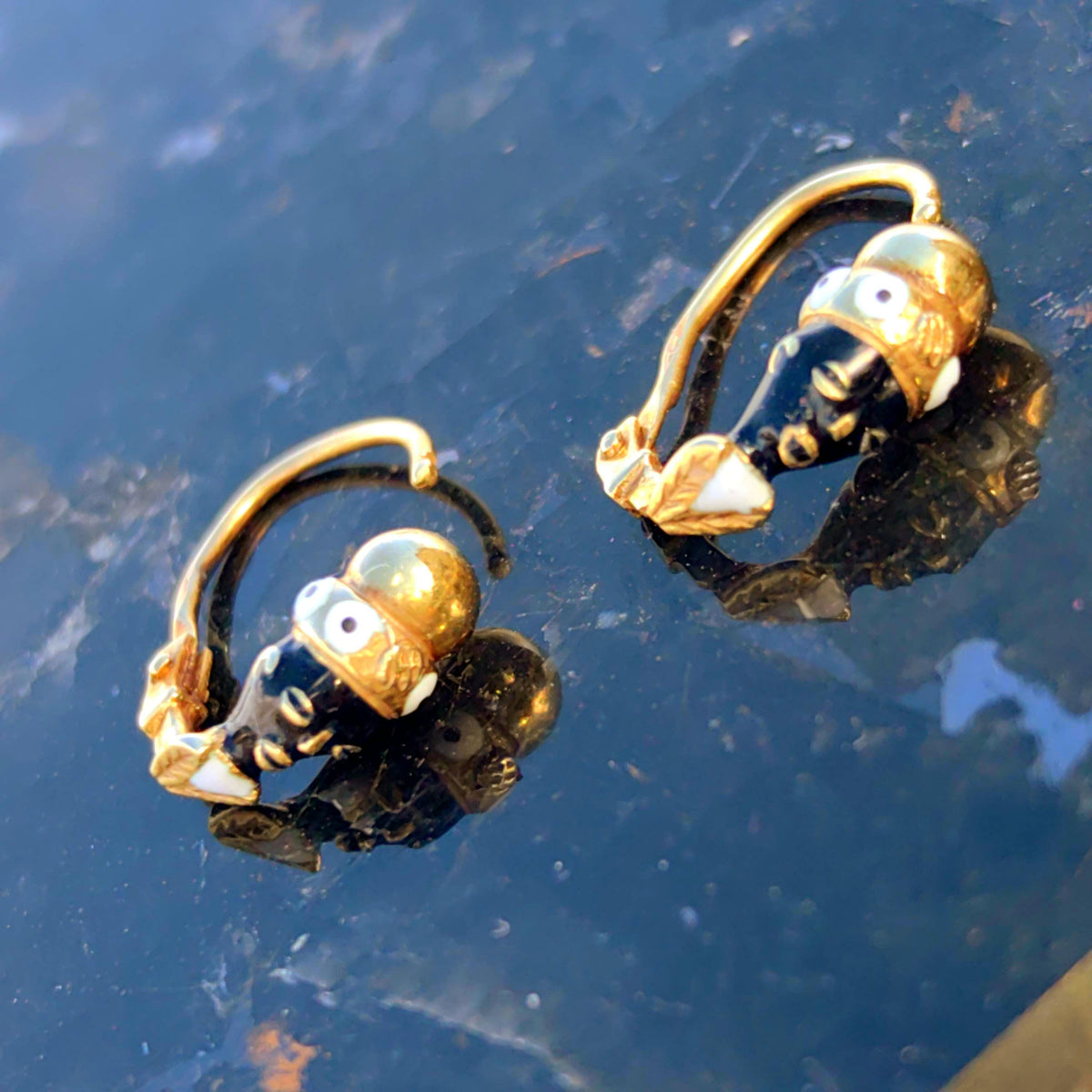 Antique Moor Sleepers Moretti Vintage Dormeuses Enamel Solid 14k Yellow Gold rear Closure, Art Deco Dainty Red Gold Black Earrings