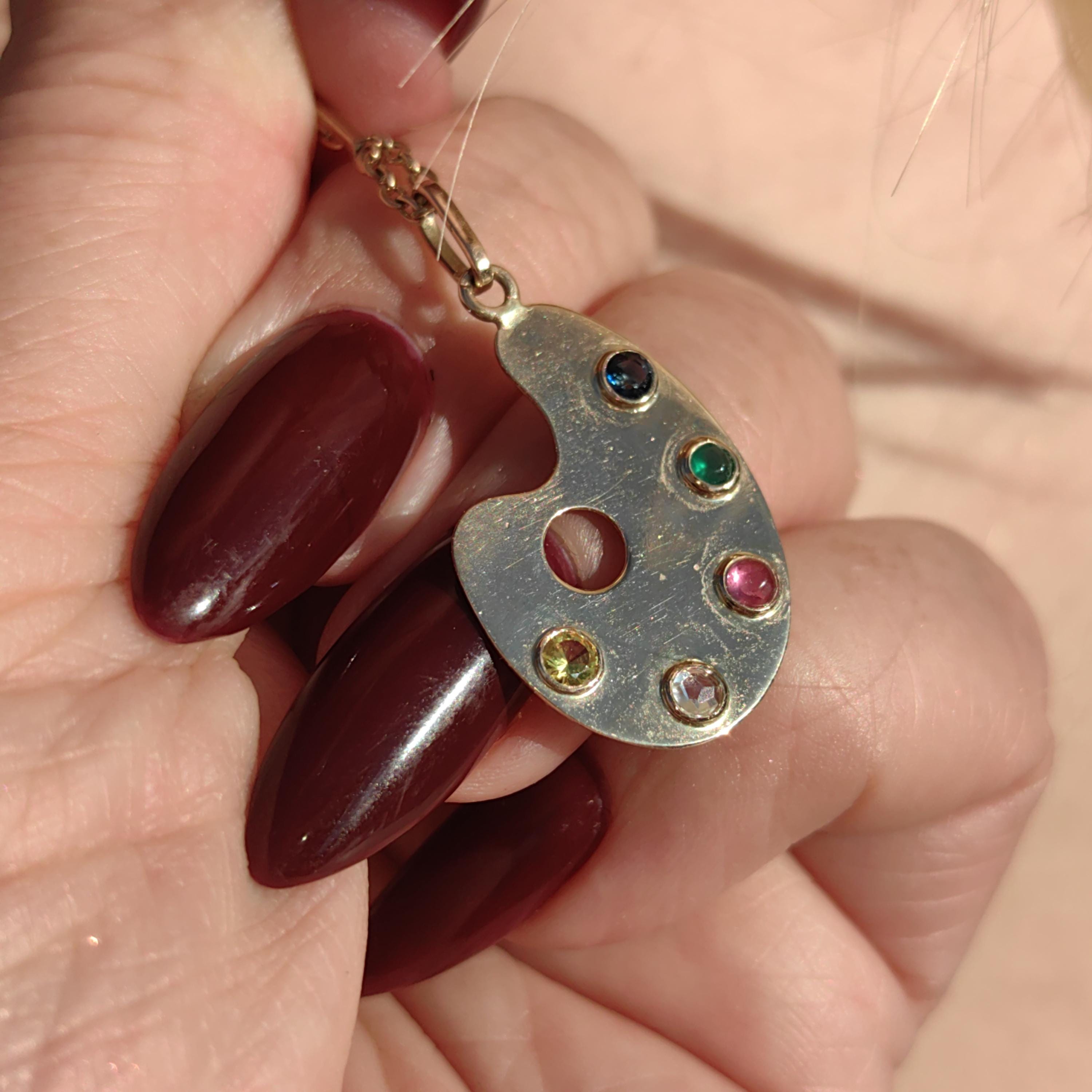 Vintage Solid Hallmarked Gold Paint Colourful Emerald Sapphire Ruby Citrine Diamond Multi Stone Pendant Art Painter Artist Creative Charm