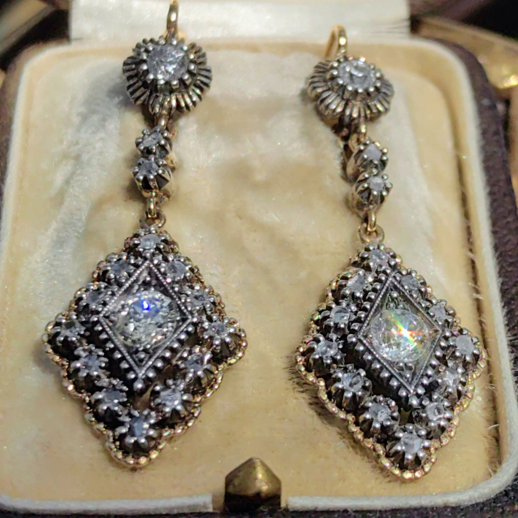 Antique 1.4ct Diamond Dangle Earrings: 1930s Art Deco 18k Gold & Silver