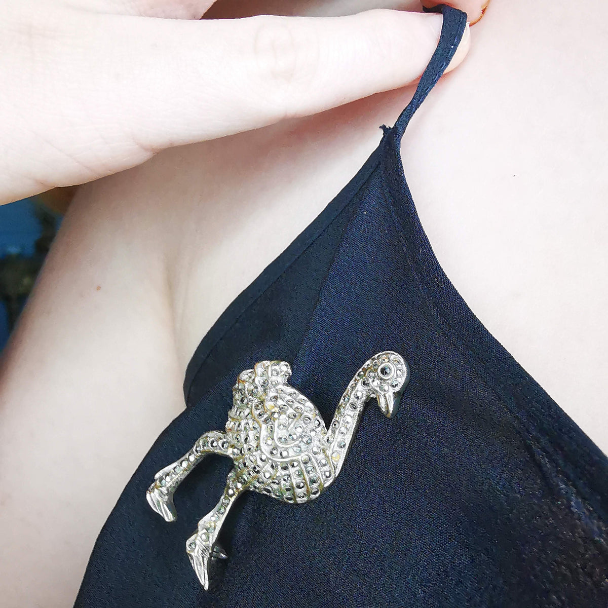 Antique 1920s Art Deco Ostrich Brooch, Natural Marcasite Gold-Plated Bird Pin, US Duty Free HTS 9706