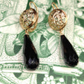 Vintage 14k Gold Black Onyx Dangle Earrings: Elegant 1940s Jewelry