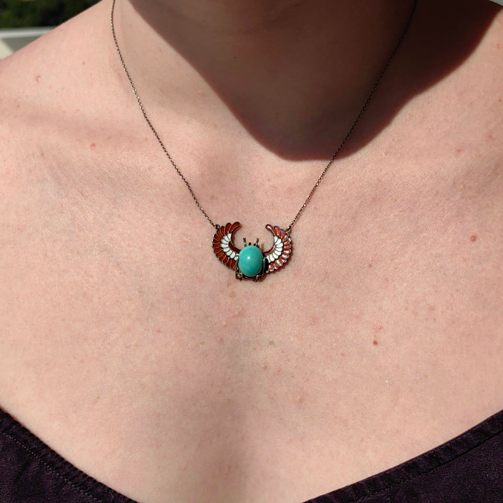 Art Deco Antique Vintage Scarab Ancient Egypt Revival Style Turquoise and Enamel Silver Necklace