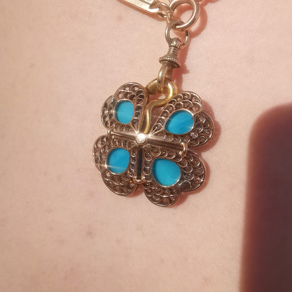 Art Nouveau 18K Gold Turquoise Diamond Pendant Necklace, Antique 1900s Four Leaf Floral Charm, Old European Cut Jewelry