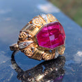 Art Deco 18k Yellow Gold Ring: Vintage Lab Grown Ruby and Diamond