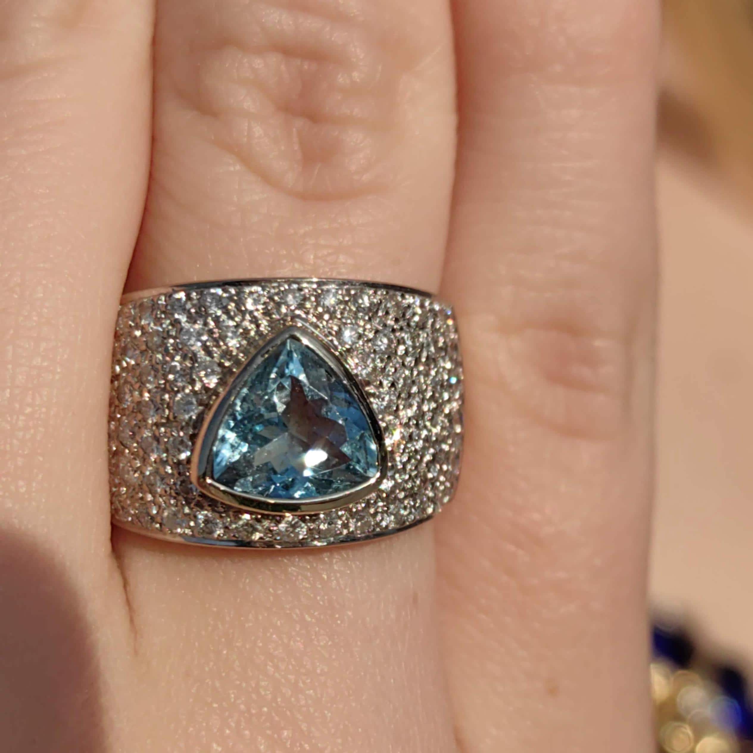Aquamarine Trillion Diamond 18k White Gold Statement Ring, Geometric Unisex Band