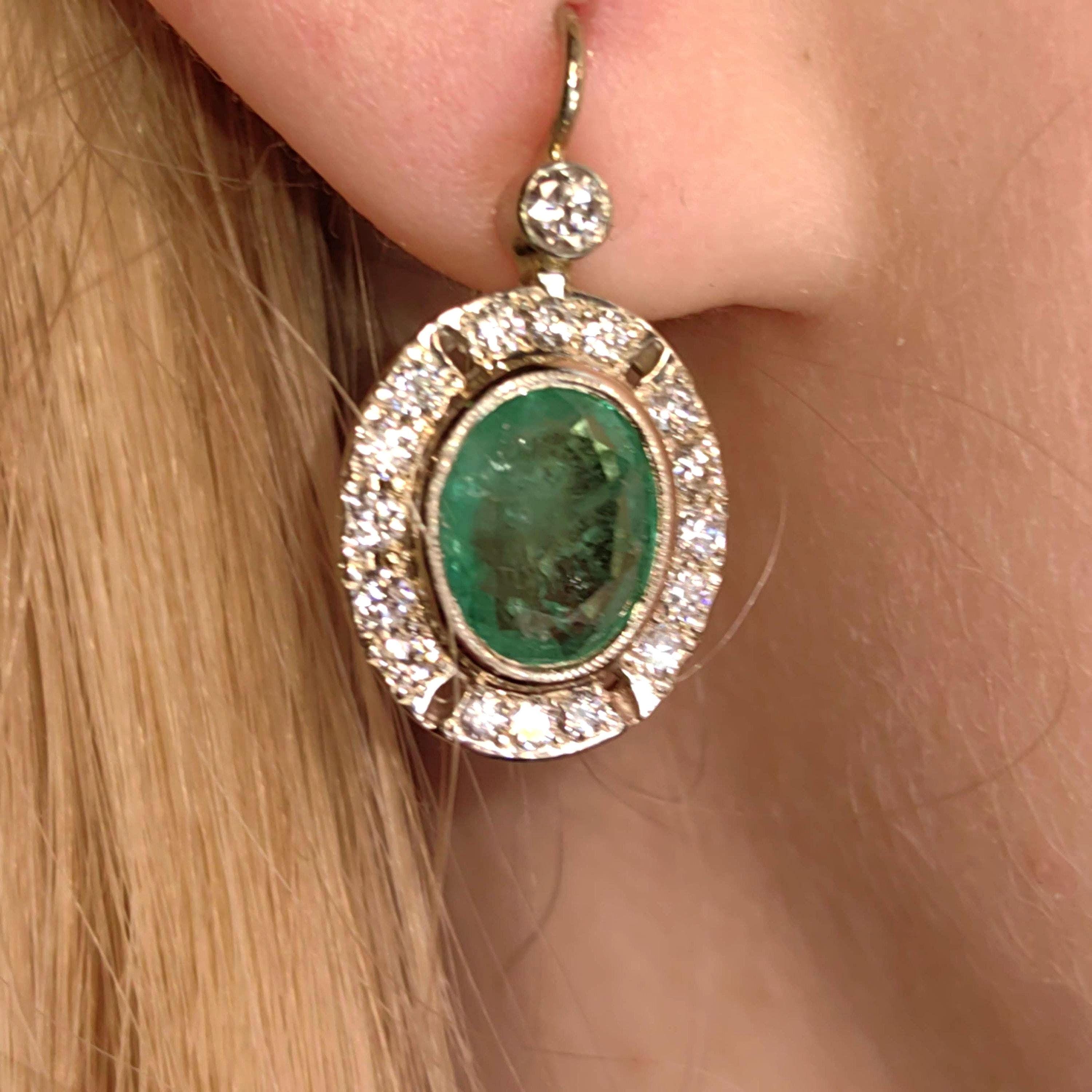Mid Century 1950s Genuine High Quality Green Emeralds and Diamond Earrings  14k Solid White Gold Sleepers Dangle Earrings gift for her