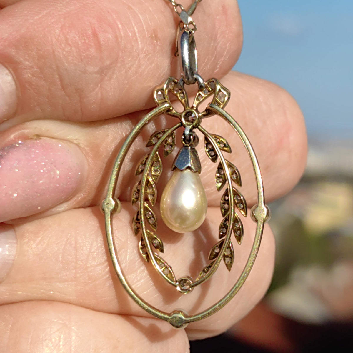 Art Nouveau Diamond Pearl Pendant: 18k Gold Platinum Edwardian Jewelry