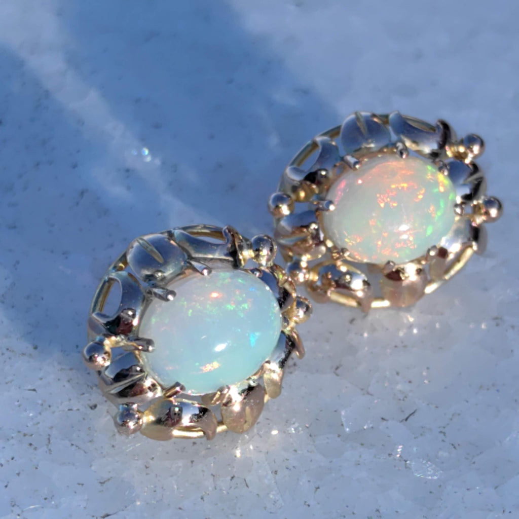Antique Opal 18k Gold Earrings: Handmade Floral Art Nouveau Jewelry