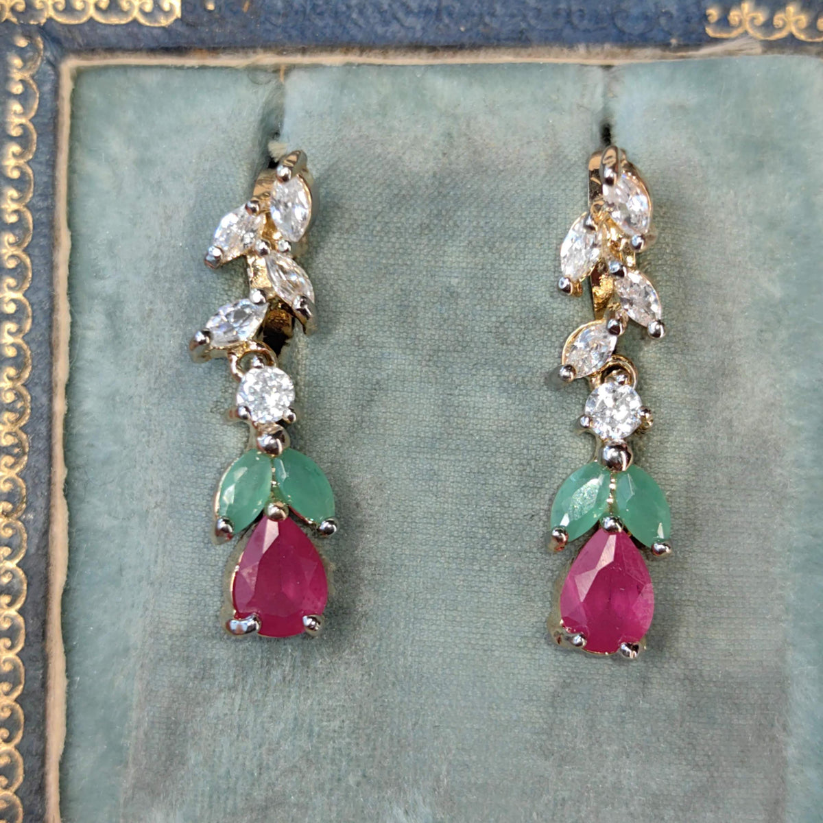 9k Gold Floral Dangle Earrings: Ruby, Emerald & Cubic Zirconia