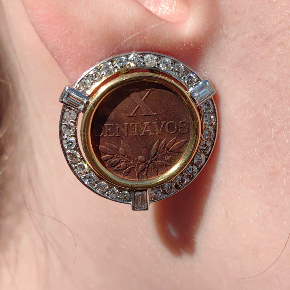 Art Deco 1940s Antique Vintage Diamond Coin 10 Centavos 14k Hallmarked Gold Stud Statement Earrings Gift for Her Present