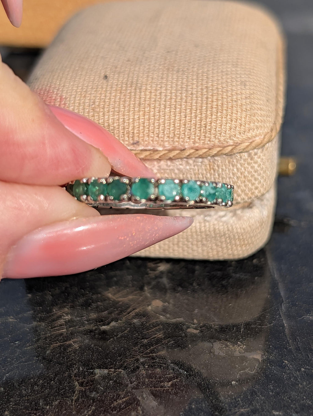 Vintage Natural Emerald Eternity Setting18k Solid White Gold Ring  Stackable Green Engagement  Band Gift for Her Present