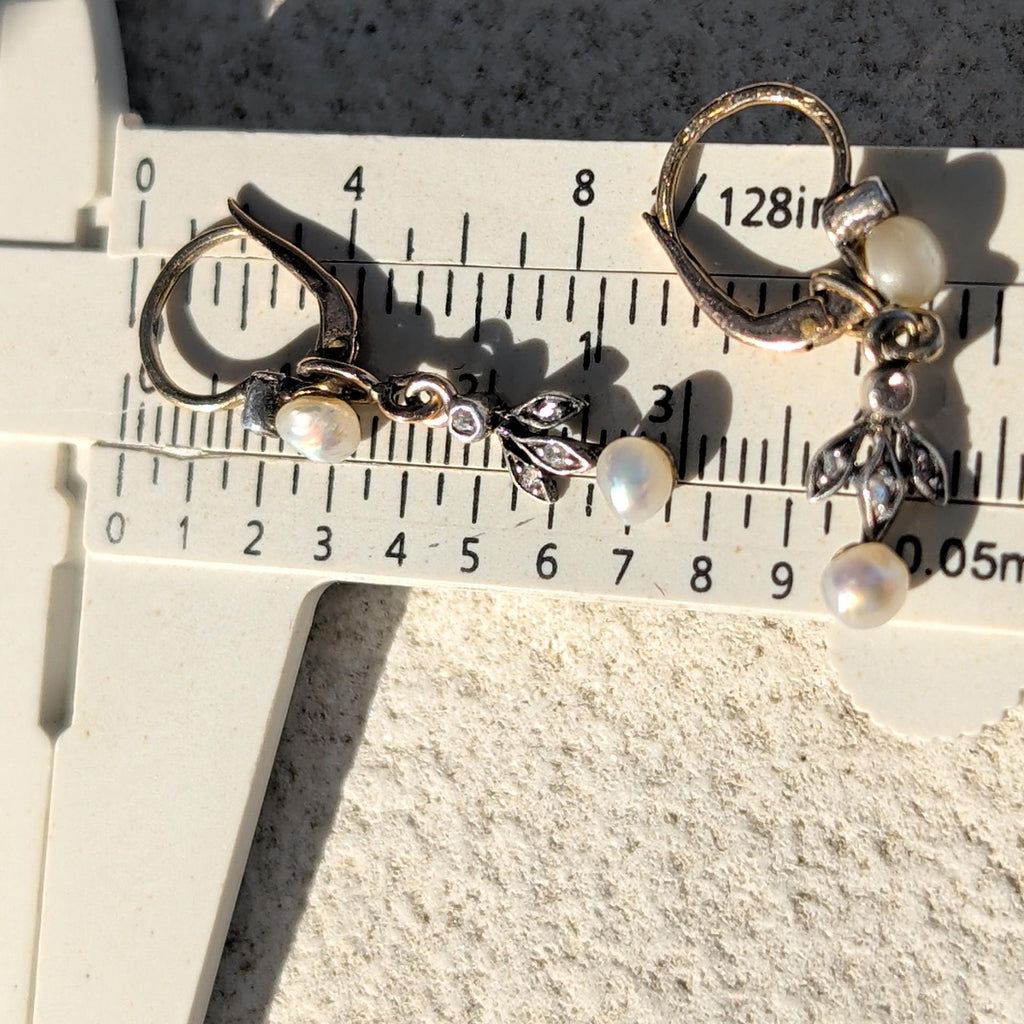 Natural Pearl and Diamond 1900s Art Nouveau Vintage 14K Solid Yellow Rose Gold Dangle Drop Elegant Dainty Feminine Earrings Gift for Her