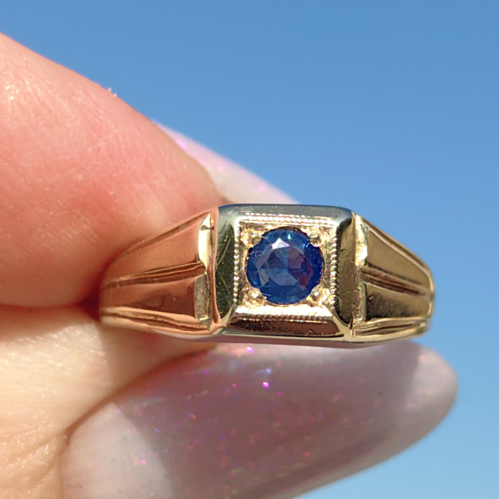 Art Deco Sapphire Ring: 14K Yellow Gold Geometric Engagement Ring