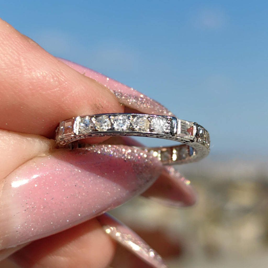 Art Deco Diamond Eternity Ring: 14K Gold Wedding Band, 1930s Floral Design