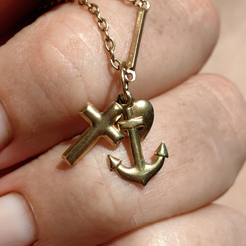 Vintage 14k Yellow Rose Champagne Gold Cross Heart Anchor Charm Pendant Art Nouveau Nautical Traveller Love Faith Christian Medal Gift