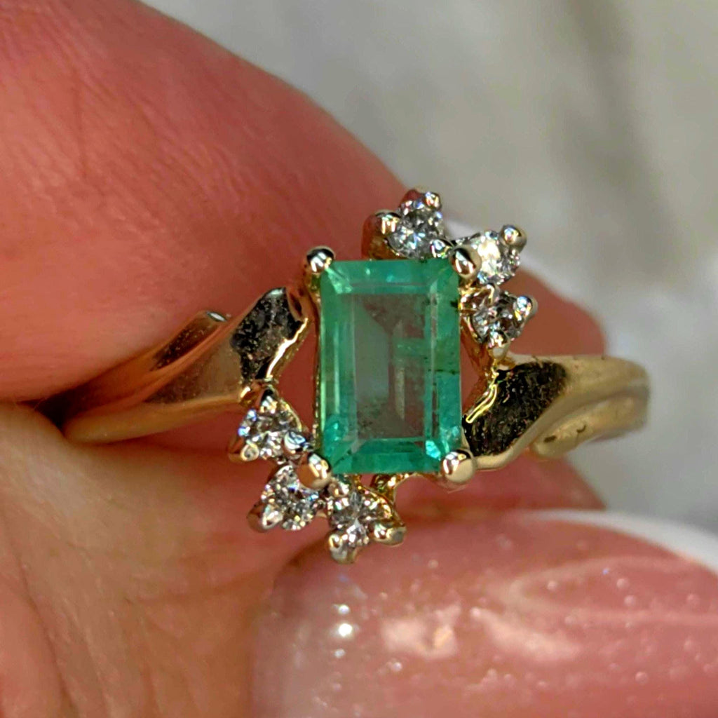 Vintage Square Green Natural Emerald Diamond 14k Solid Yellow Gold Antique Engagement Ring Dainty Stackable Band Gift for Her