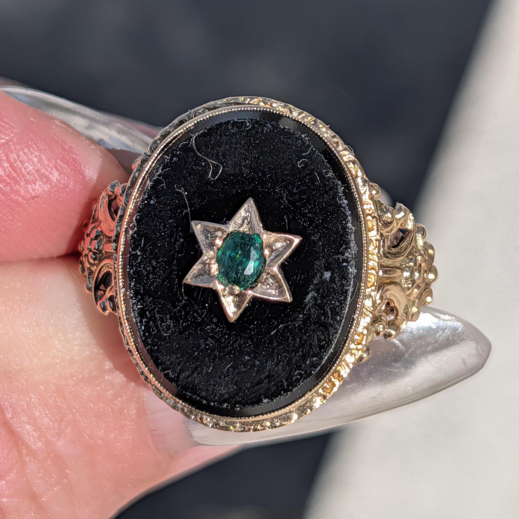 1920s Art Deco Natural Emerald Black Onyx 14k Gold Judaica Star of David Ring, Antique Geometric Statement Ring, Gift for Her