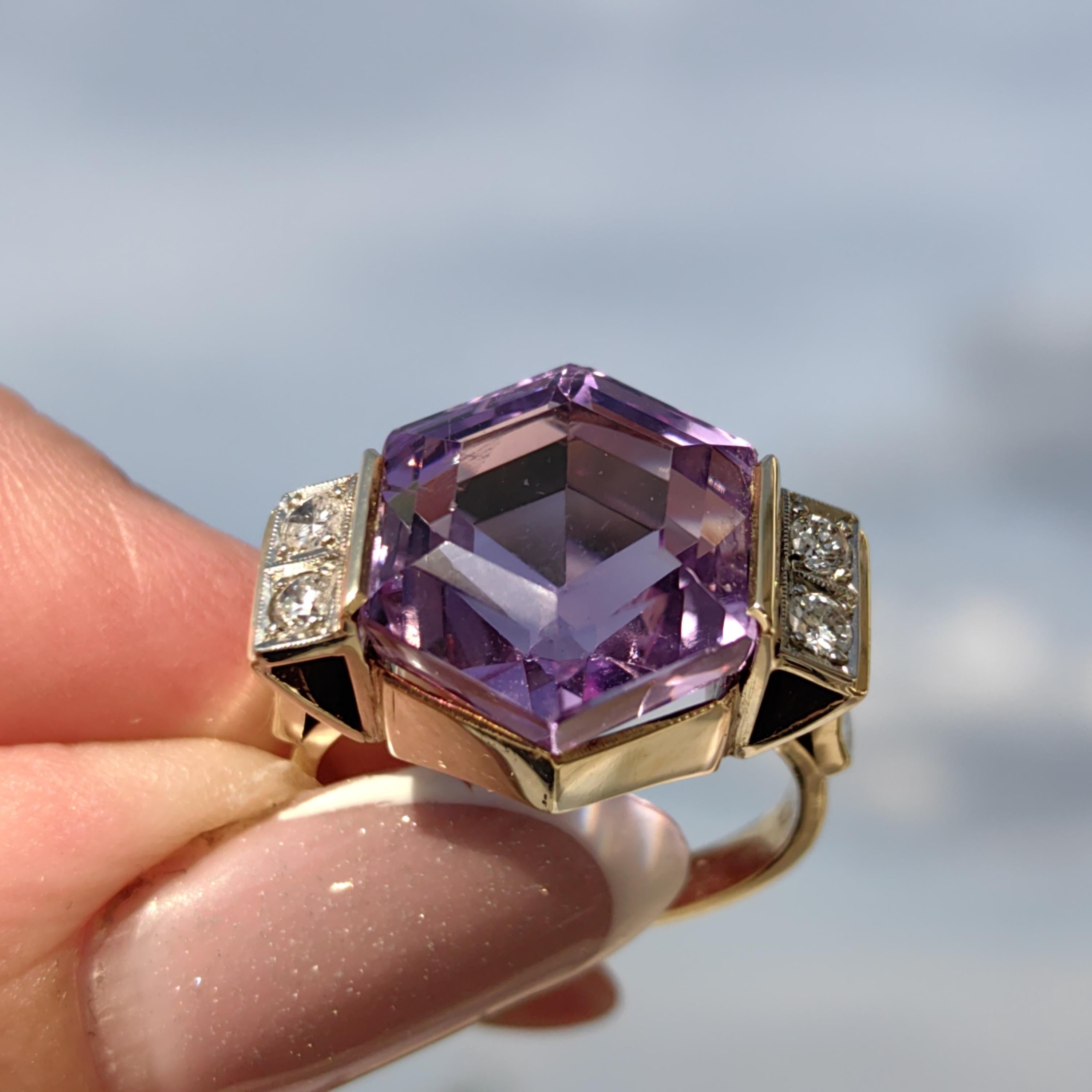 Art Deco Amethyst Cocktail Ring: 14k Yellow Gold Diamond Accent
