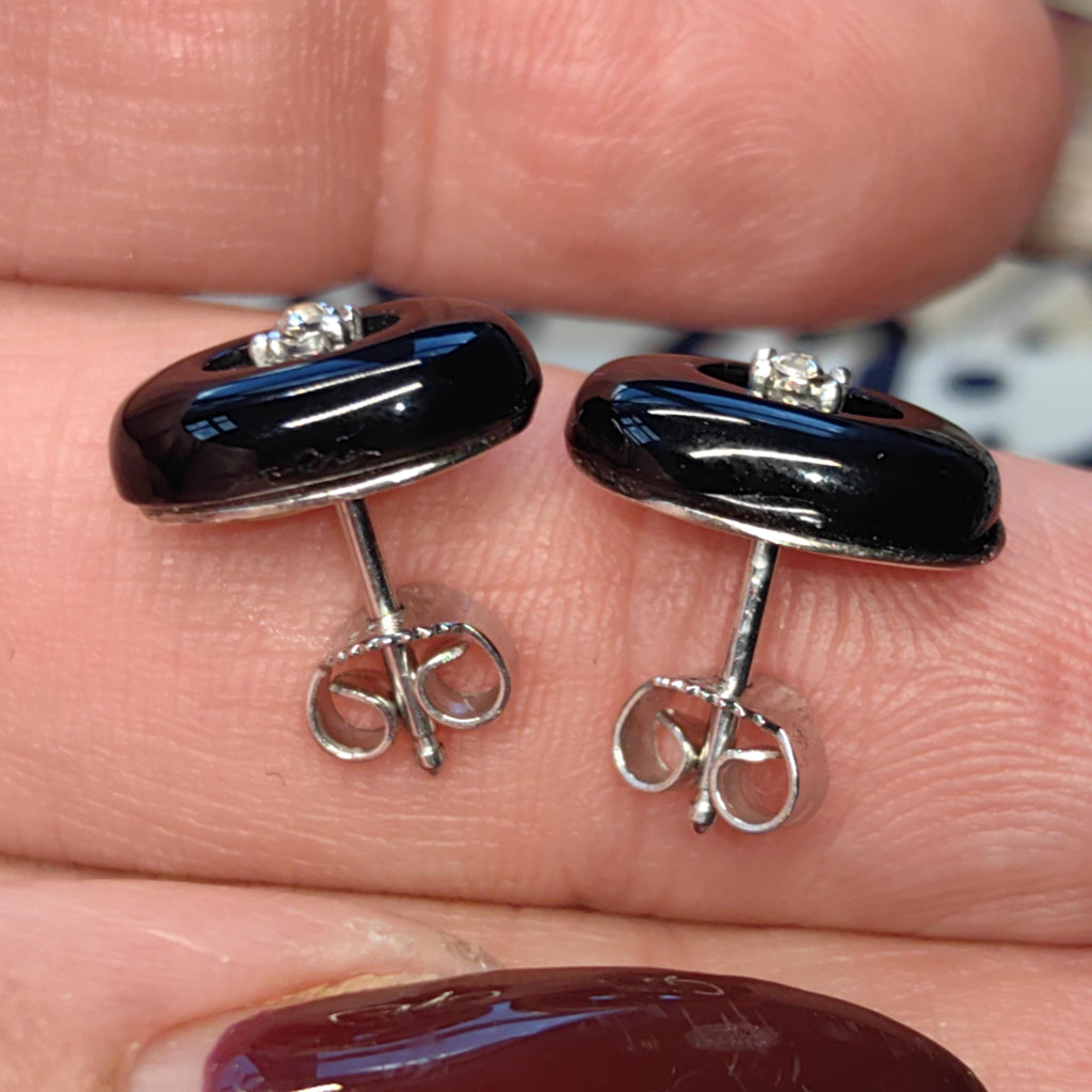 Mid Century Onyx Diamond Solid 8k White Gold Stud Earrings, Minimalist Elegant Black Oval Shaped Earrings, Gift for Her Present