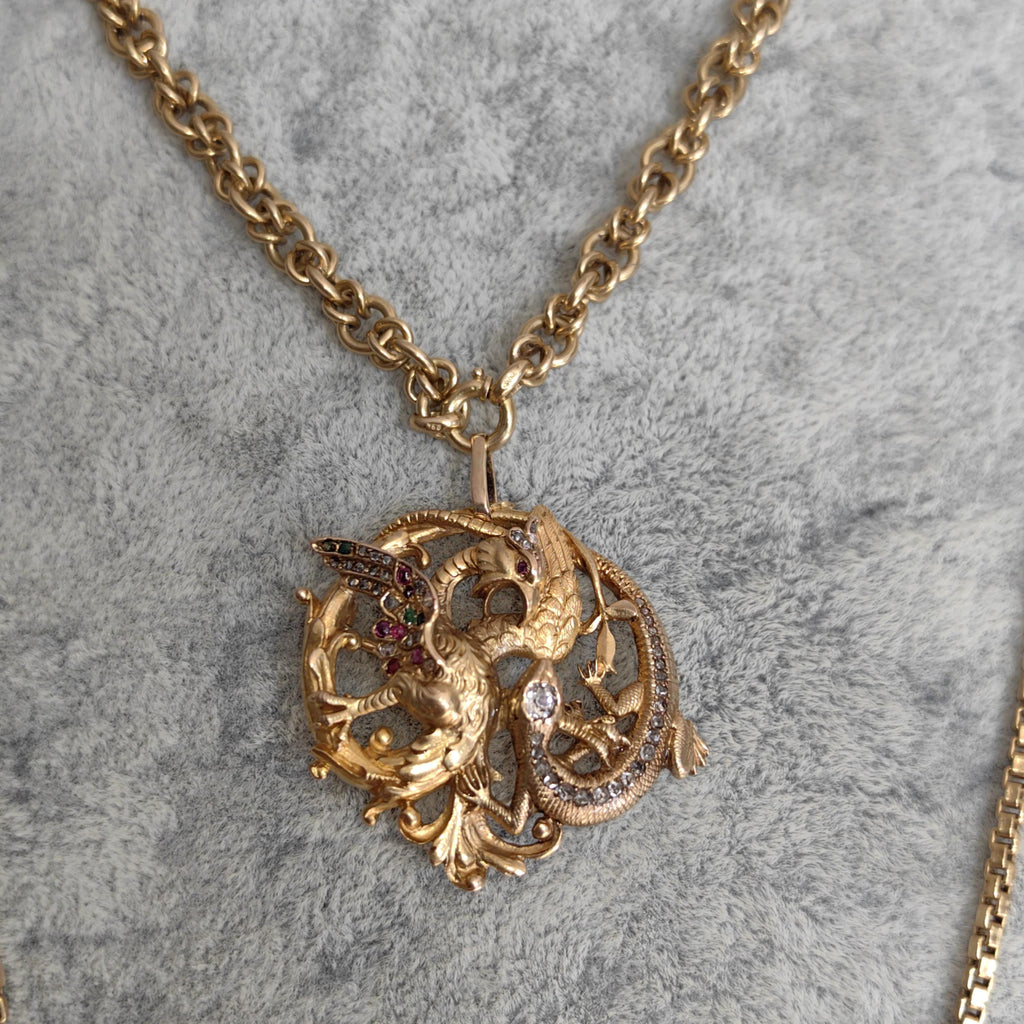 Diamond Emerald Ruby Solid 18k Yellow Gold Griffin Salamander Snake Ritual Magical Statement Pendant Charm Antique Vintage Gift for Her Him