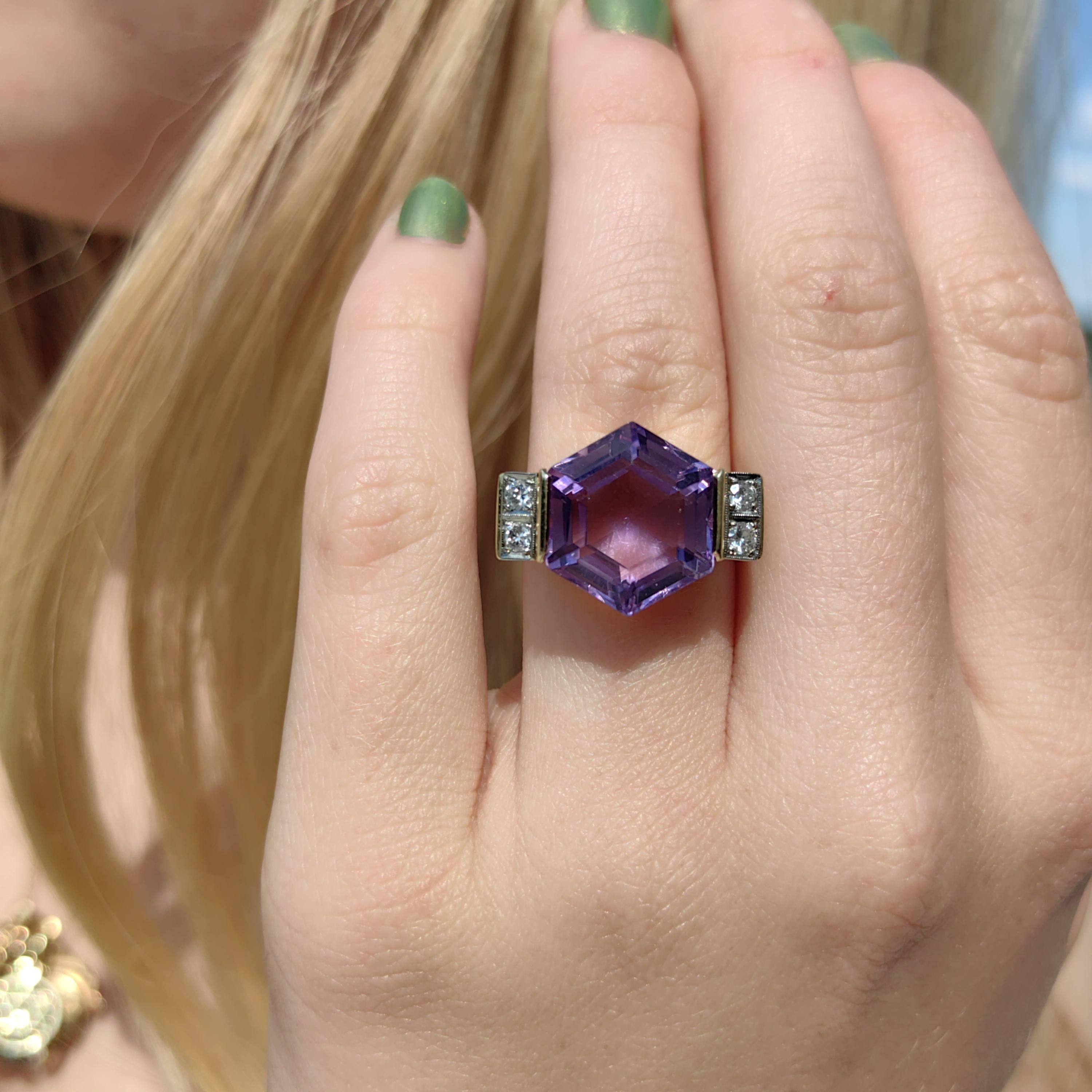 Art Deco Amethyst Cocktail Ring: 14k Yellow Gold Diamond Accent