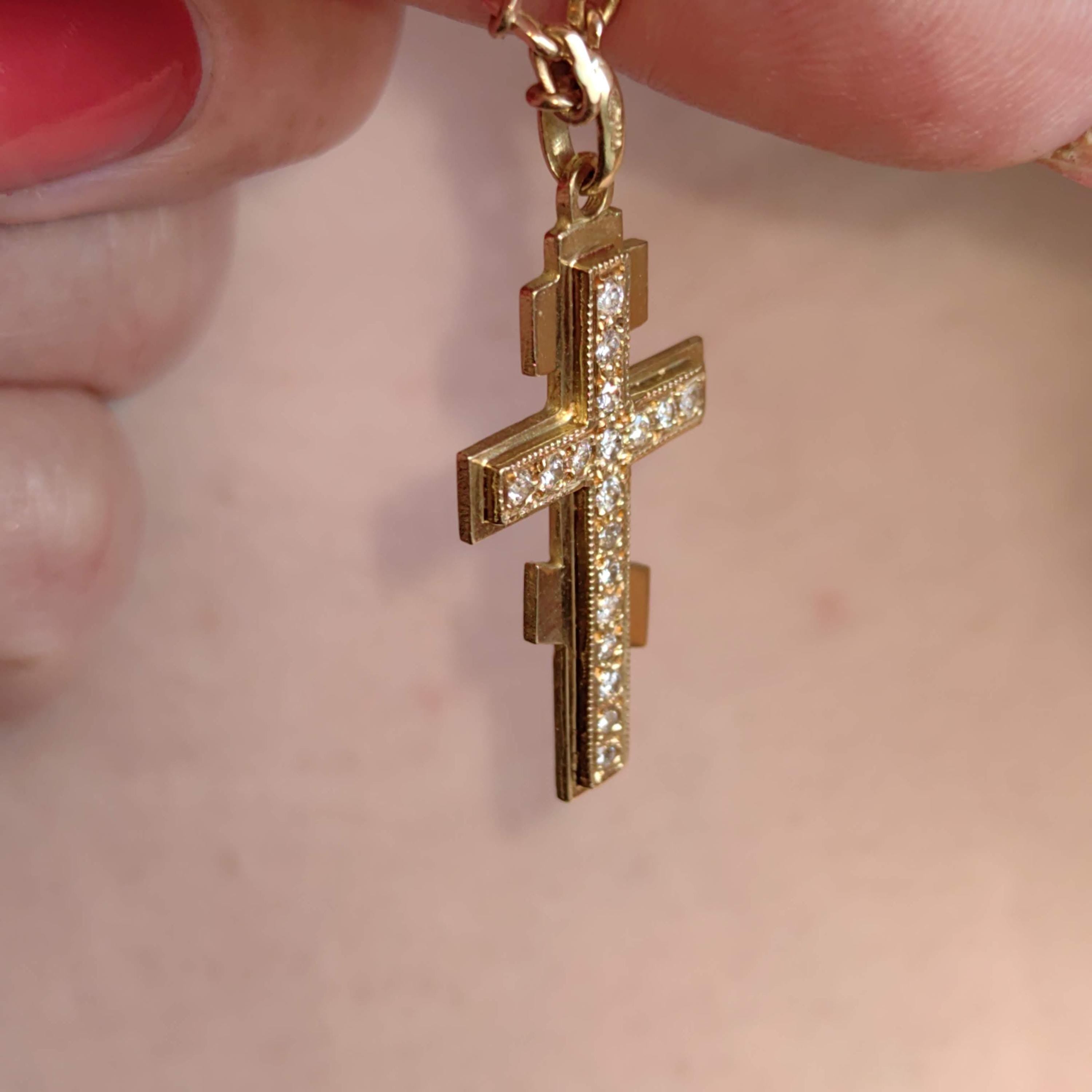 Diamond Orthodox Cross Pendant: 18K Yellow Gold Byzantine Necklace