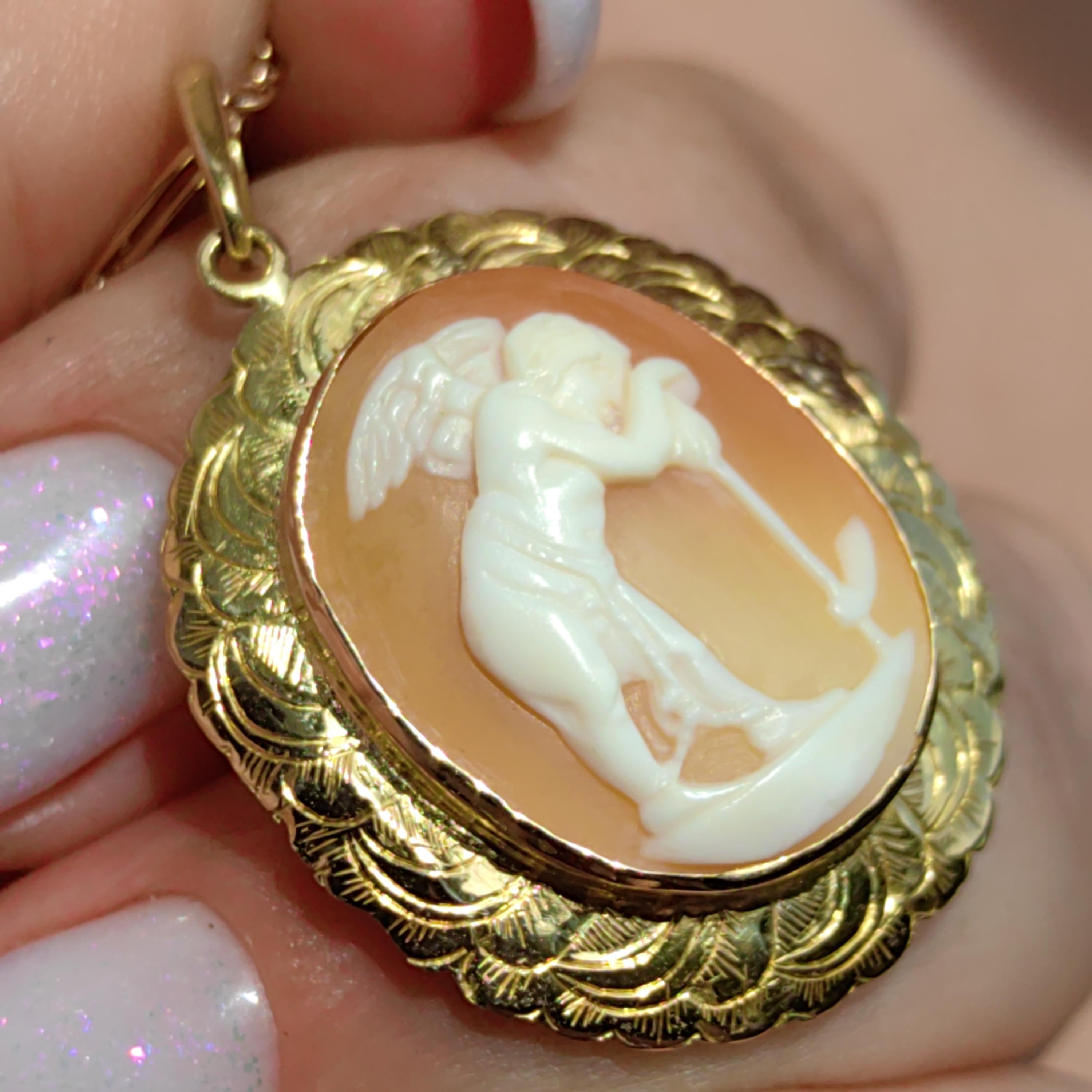 Victorian 18k Gold Shell Cameo Brooch Pendant: Angel, Hope & Faith