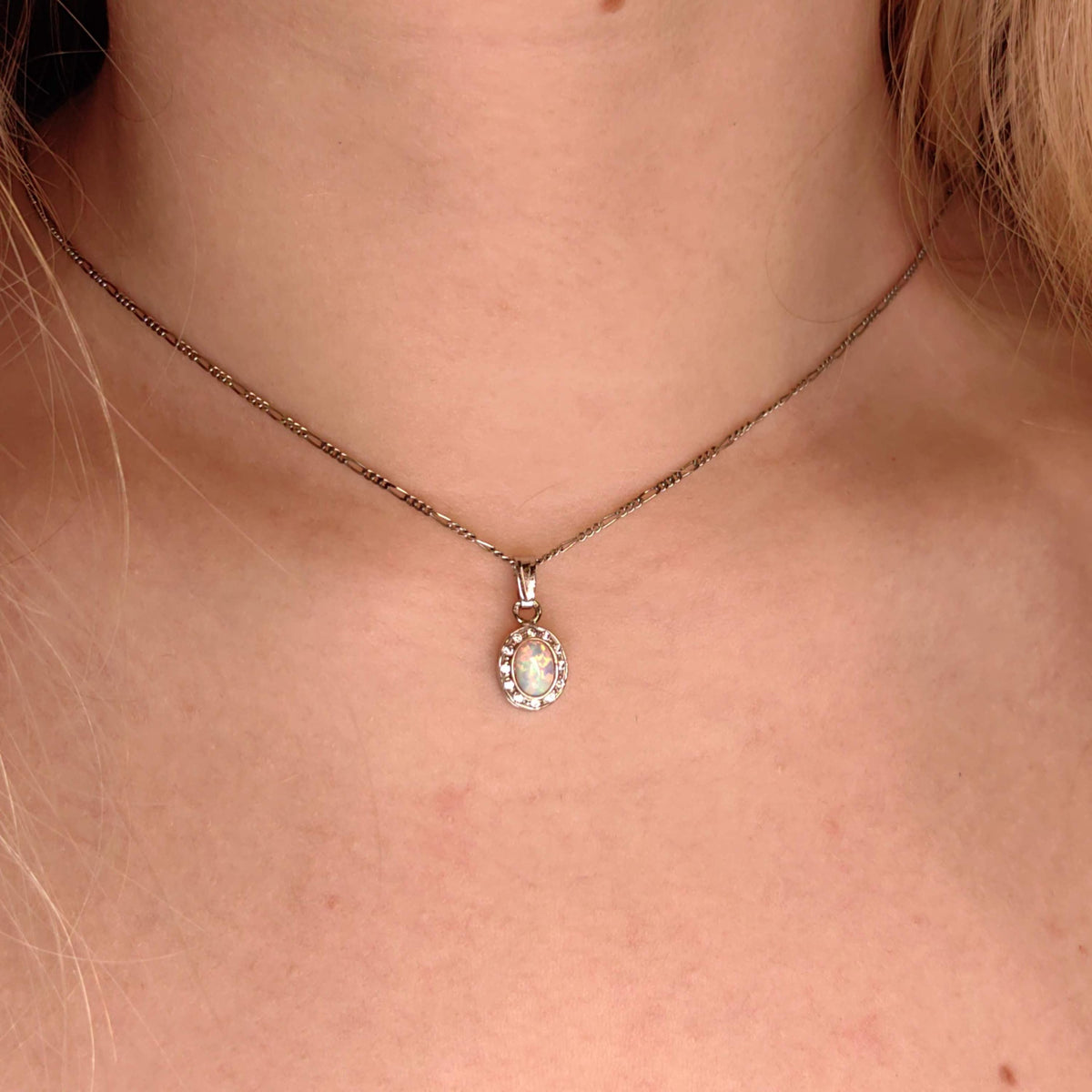 Natural Opal Solid 14k white Gold  Colorful  Stone Vintage Antique  Pendant, Dainty Cubic Zirconia Charm Elegant Gift for Her