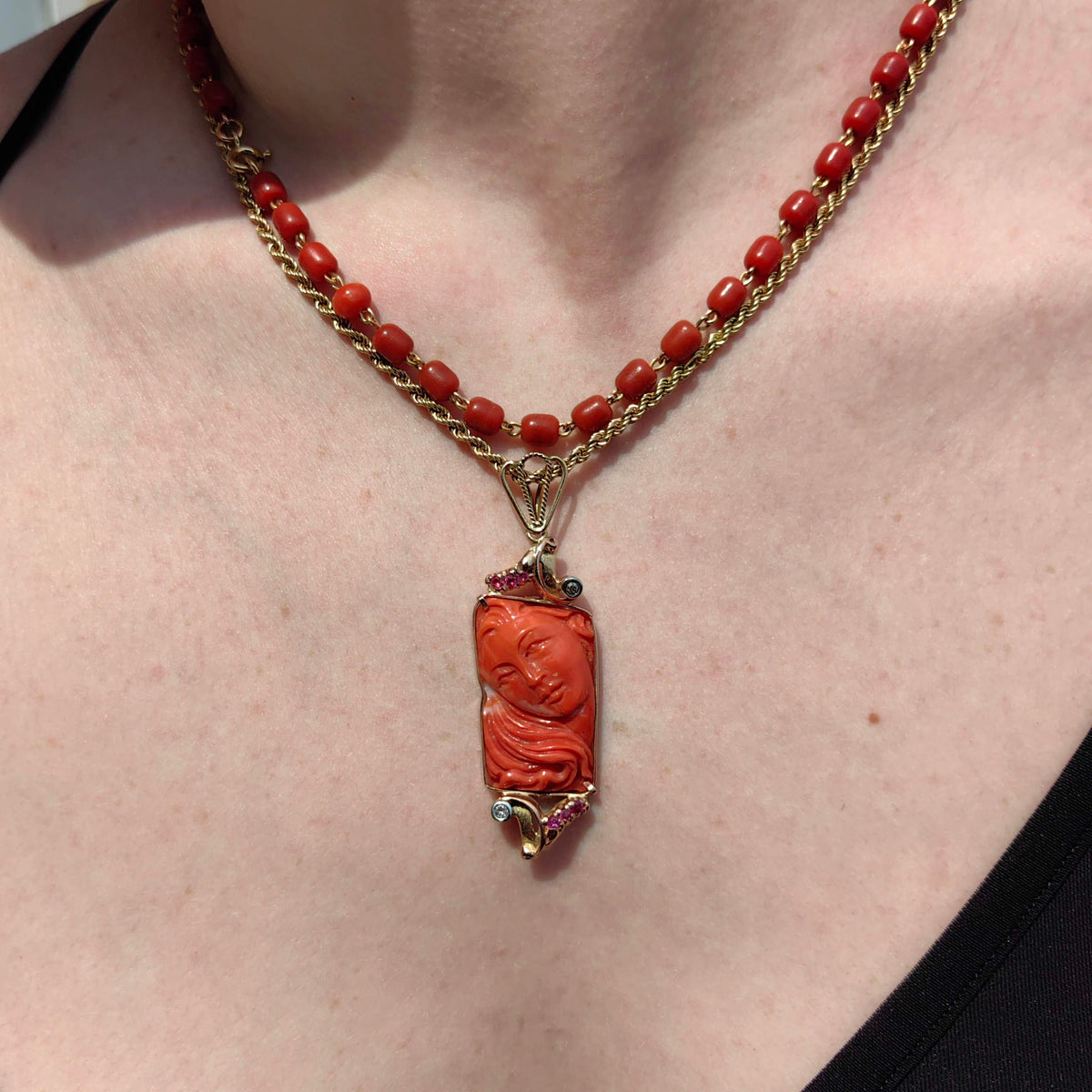 Art Deco Antique Vintage Coral Diamond and Ruby Gold Hand Carved Pendant