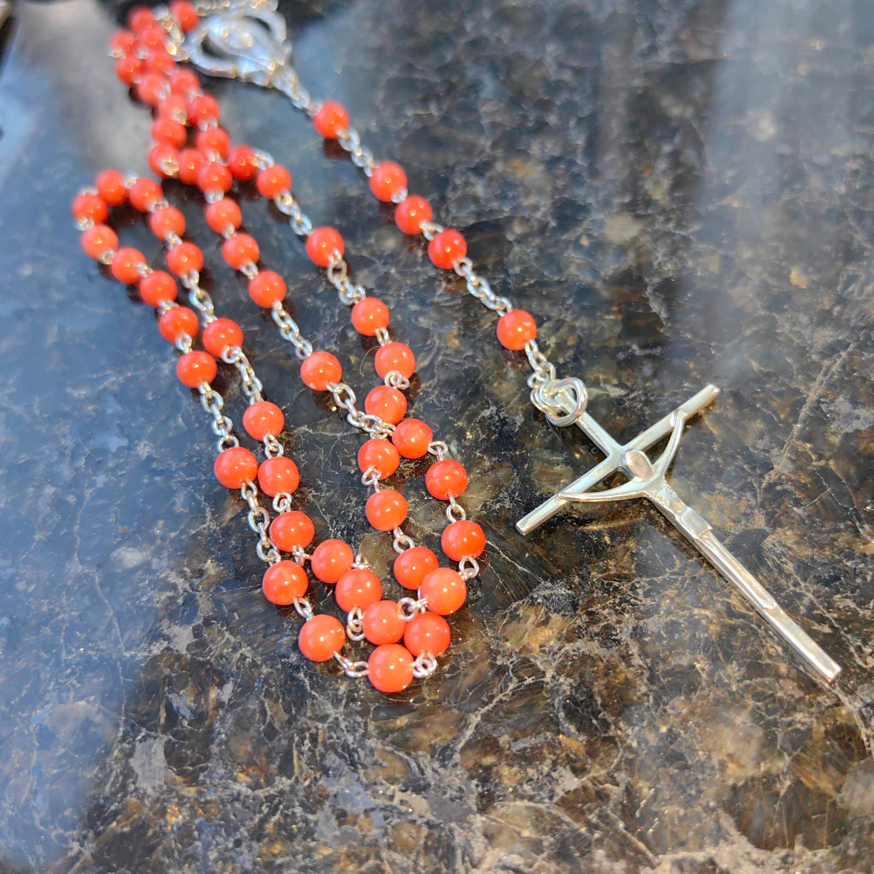 1930s Antique Coral Rosary Necklace: Silver Madonna, Jesus on Cross