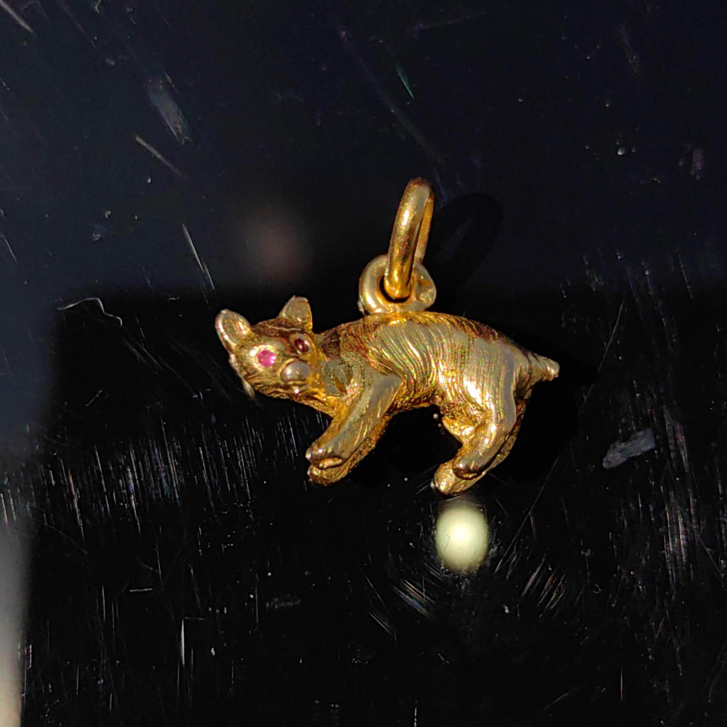 18K Gold Hyena Charm: Vintage Ruby Pendant Necklace
