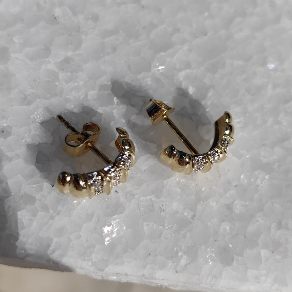 Vintage 14k Yellow Gold Diamond Half Hoop Earrings – Geometric Cluster Fine Jewelry