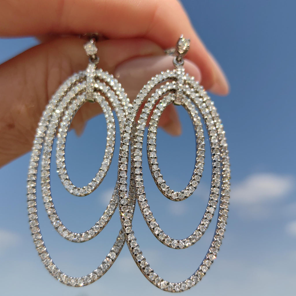 Natural Diamond Dangle 14k White Gold Pave Setting Earrings Elegant Wedding Jewelry Statement Large Oval Drop Dangle Earrings