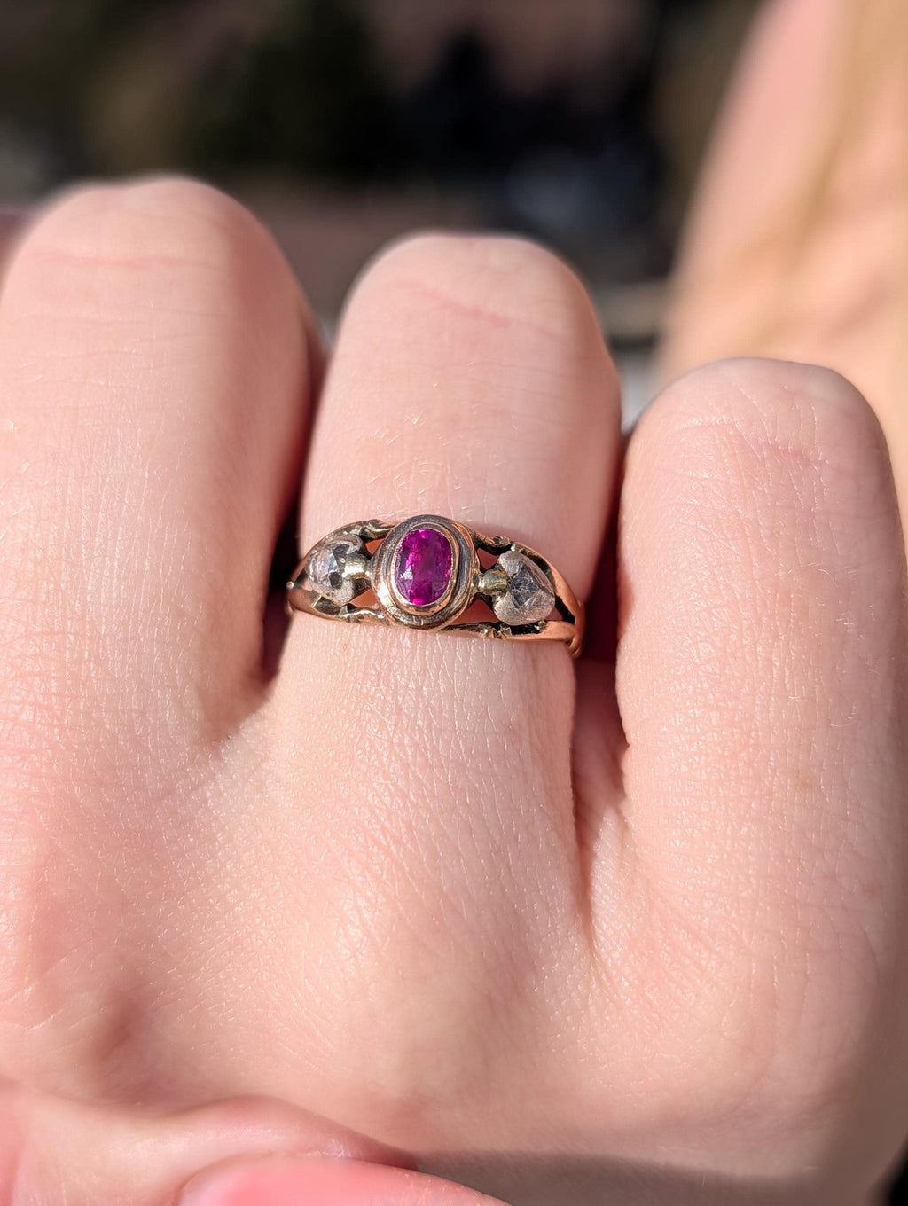 Victorian Ruby Rose Cut Diamond Ring 14k Yellow Rose Champagne Gold Silver, Antique 1890s Gypsy Alliance Band Engagement Gift for Her