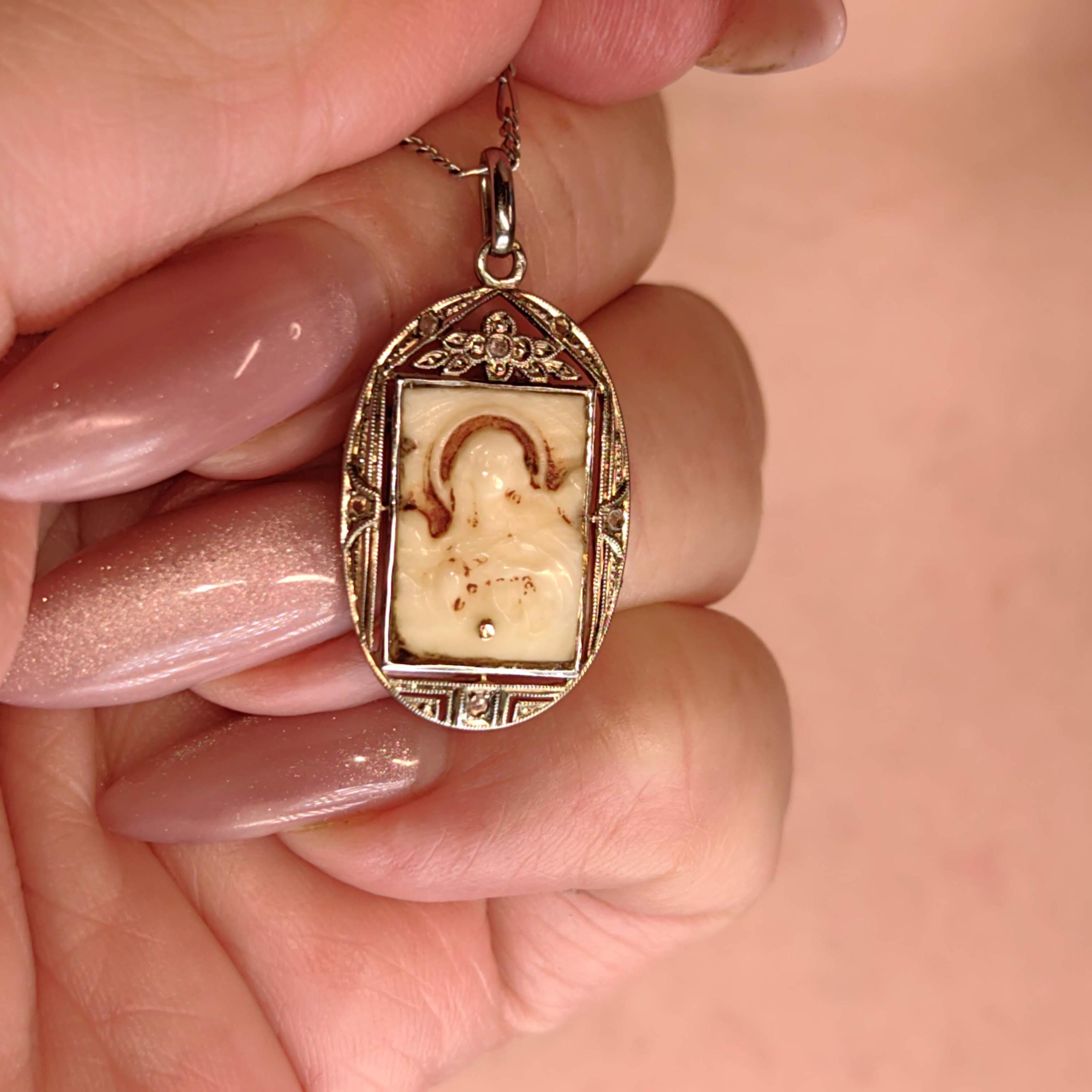 Vintage 1930s Diamond Bone Hand Carved Cameo 18k Gold Saint Portrait Medal Catholic Antique Present