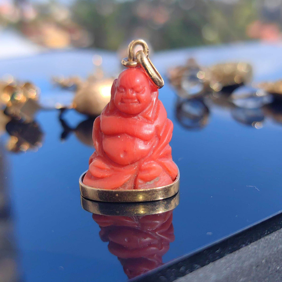 Vintage Coral Buddha Pendant: Antique Chinese 18k Gold Carving