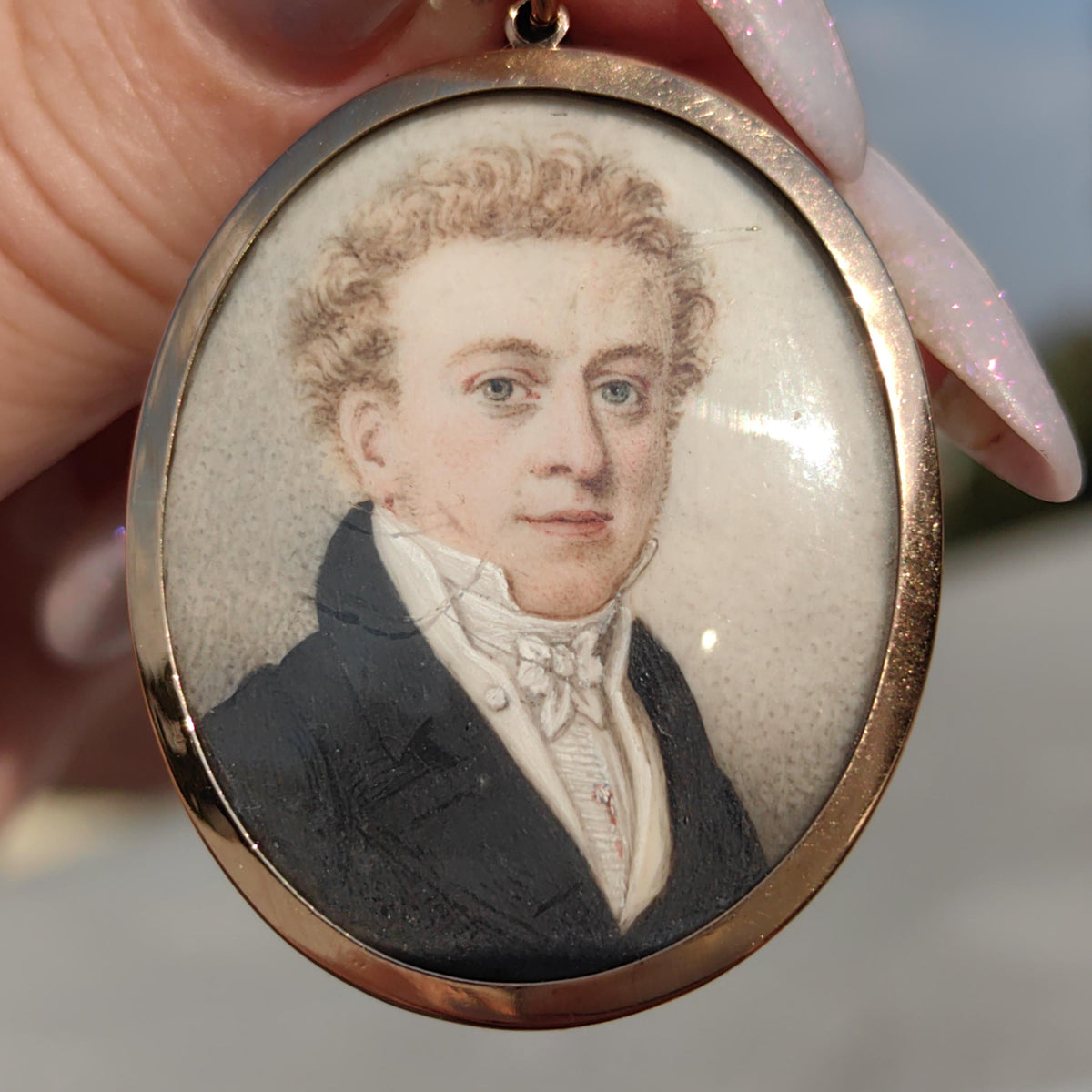 Antique Hand-Painted Floral Portrait Pendant - 1800s Miniature