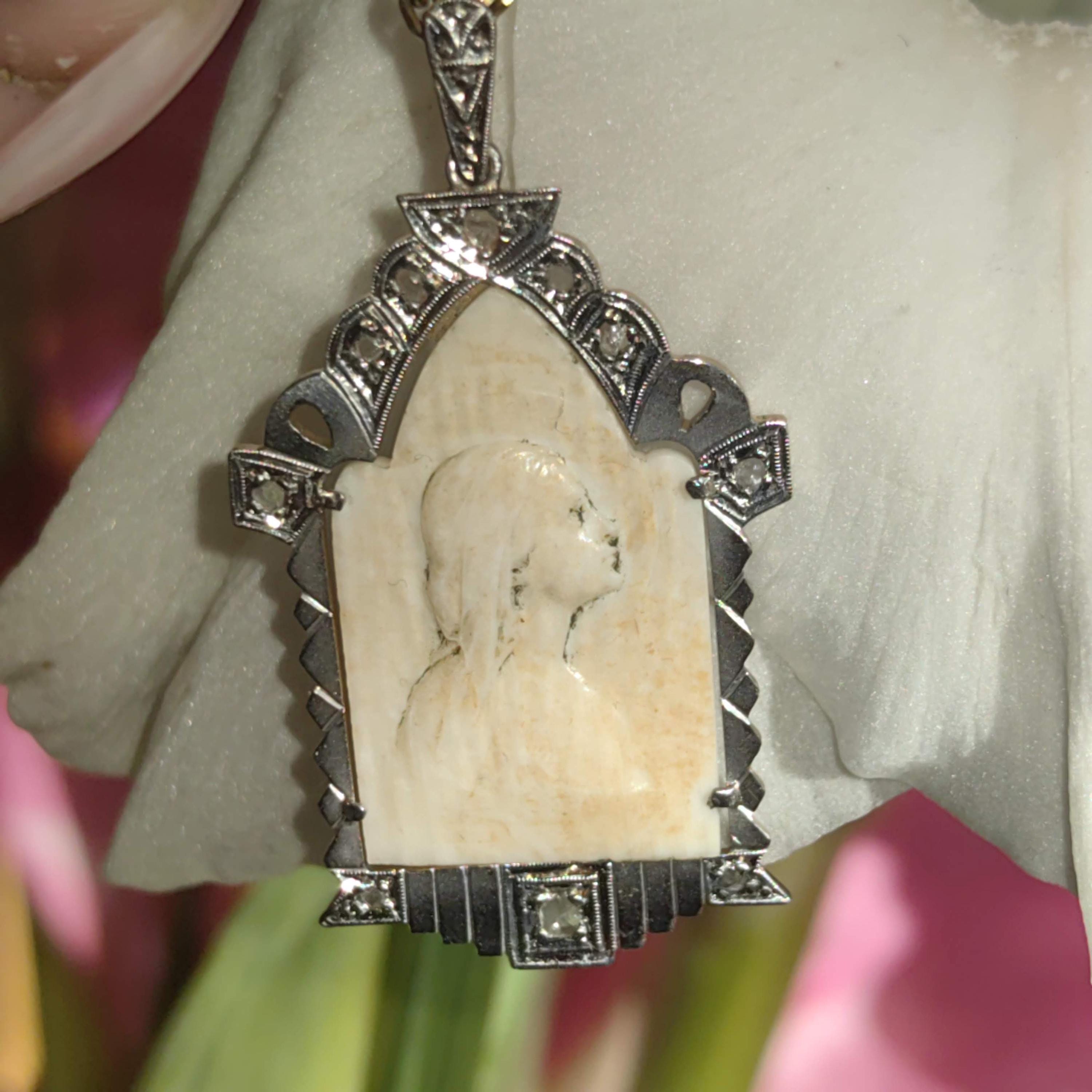 Vintage 1930s Diamond Bone Hand Carved Cameo Pendant 18k Gold & Platinum Bone Portrait Medal Antique Present