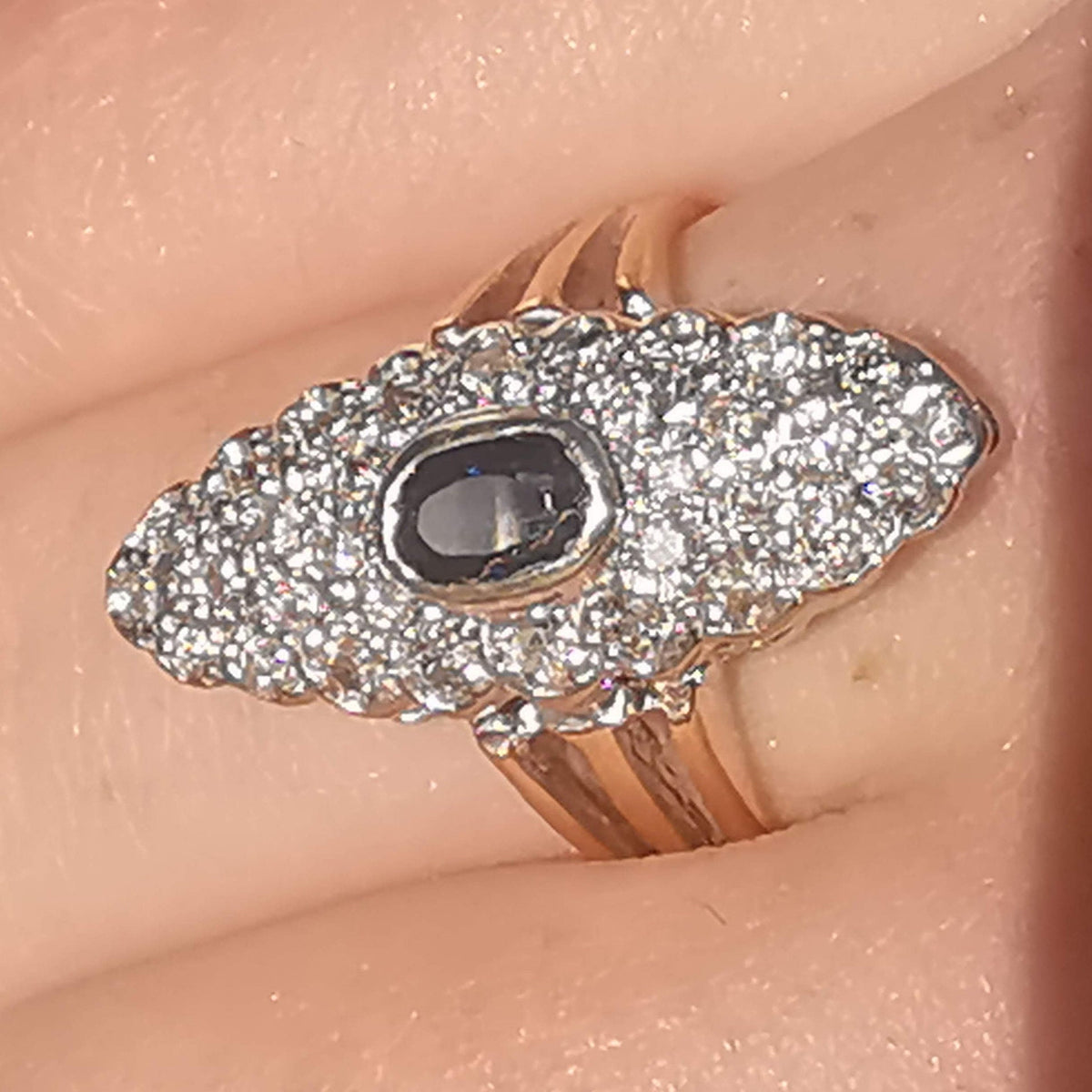 Sapphire and Diamond Marquise  14k Solid Gold Art Deco Antique Ring