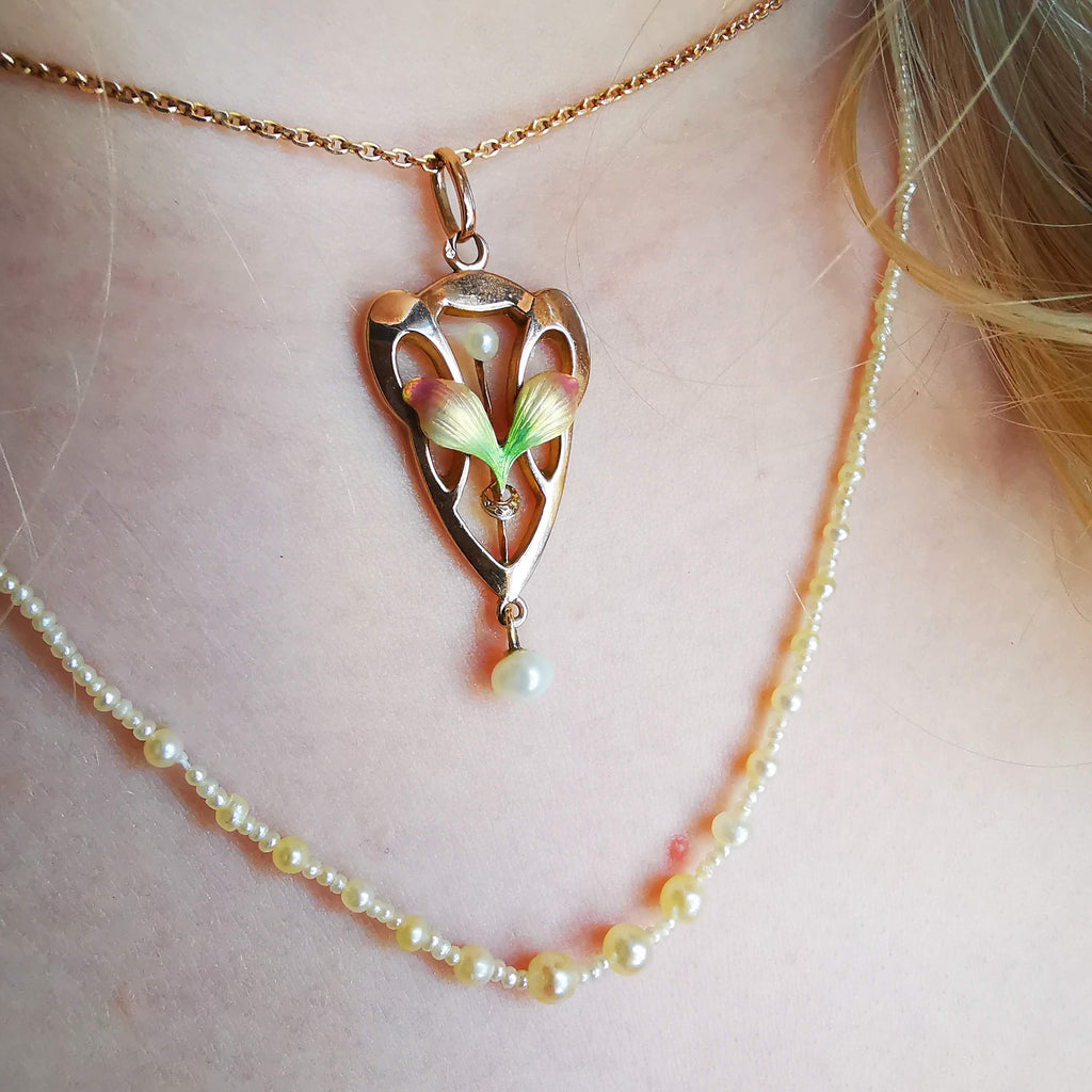 Art Nouveau 1900s French Pearl and 14k Solid Yellow Rose Champagne Gold Enamel Floral Statement Pendant Elegant Gift for Her