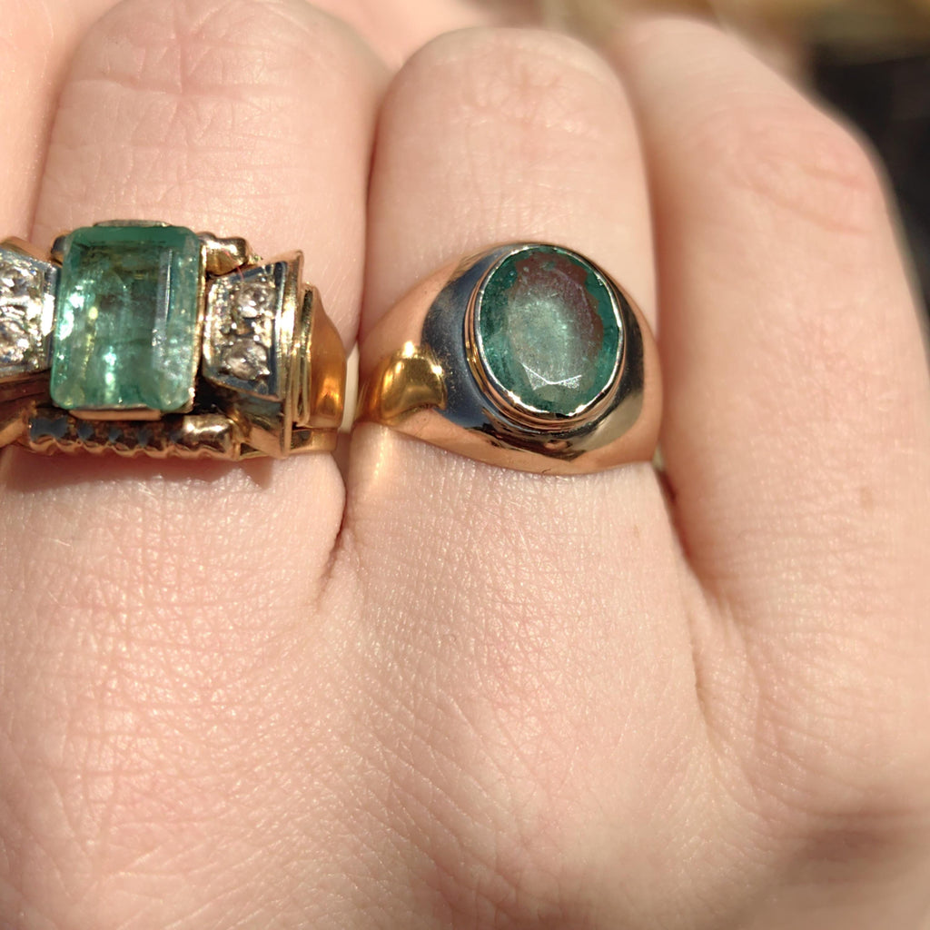 Emerald Hallmarked 14k 585 Hallmarked Solid Yellow Rose Champagne Gold Vintage 1930s Oval Natural Emerald Band Solitaire Ring Gift Present