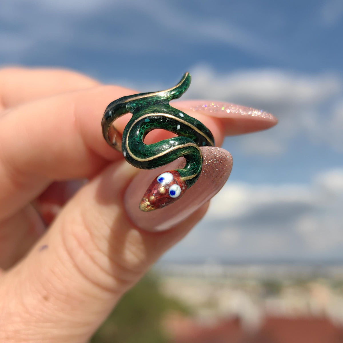 Solid 14k Yellow Gold Green Fire Enamel Snake Shape Gold Band Ring Gift for Her Animal Exotic Reptile Retro Vintage Ring