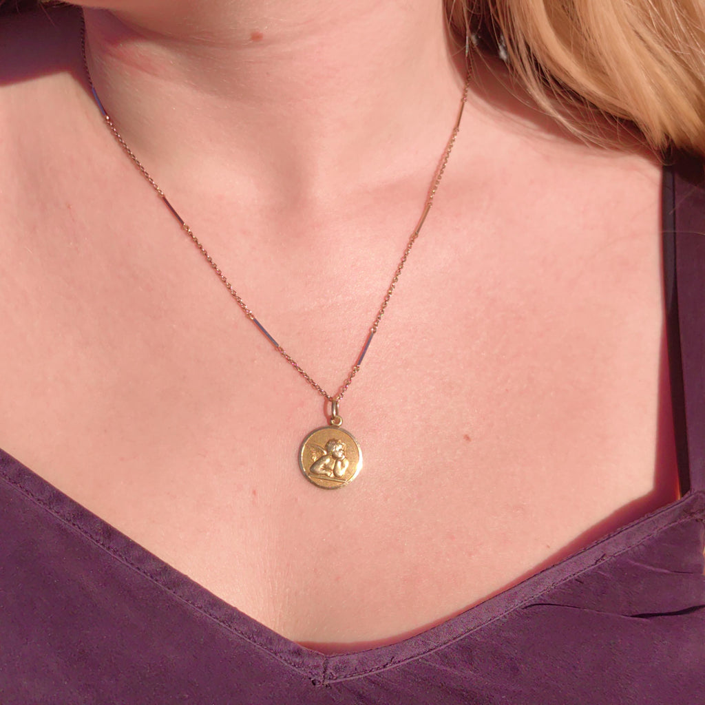 Vintage 18k Gold Cupid Angel Pendant: Religious Catholic Charm