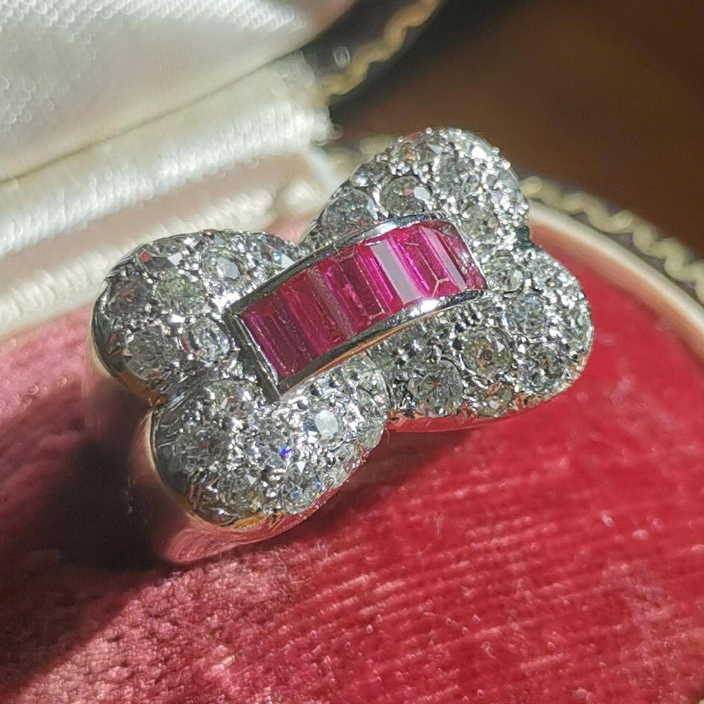 Art Deco Platinum Ruby Diamond Ring: 1930s Vintage Cocktail Ring